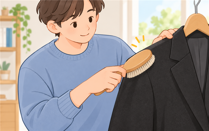 黒い服の肩をやさしく整える手元のイラスト