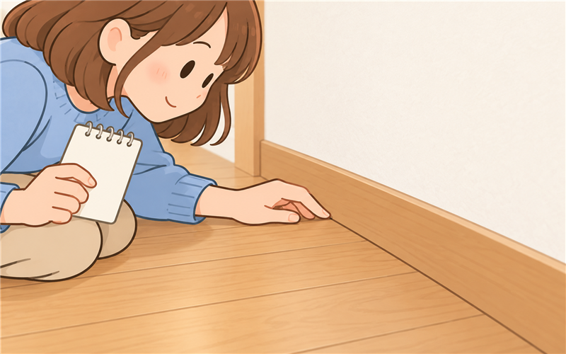 床と巾木まわりの変化を安全に確認する手元のイラスト