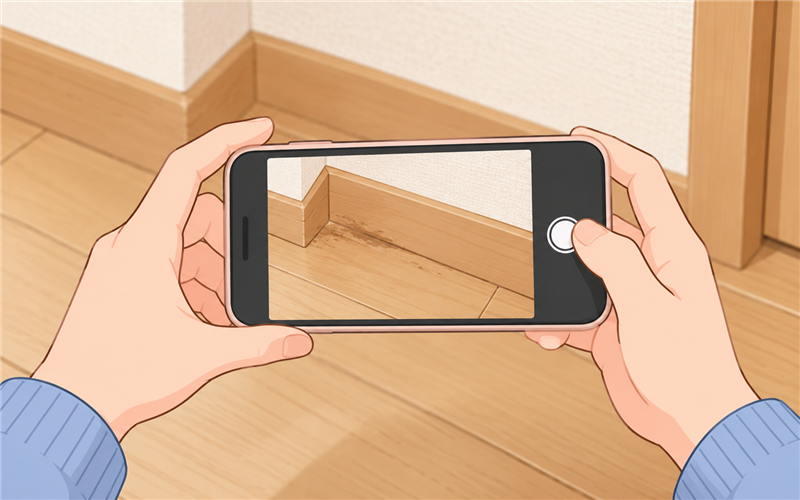 床の違和感がある場所を写真で記録する手元のイラスト