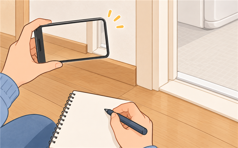 水回り近くの床と巾木を記録する手元のイラスト