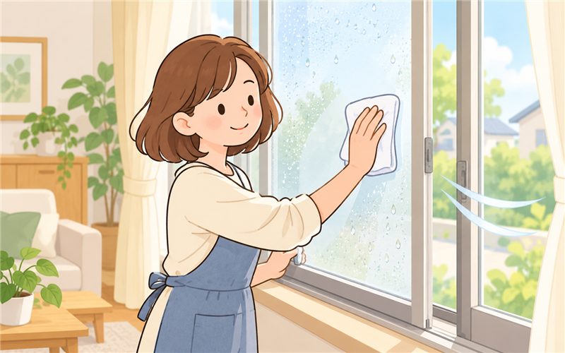 結露した窓を拭きながら換気する女性のイラスト