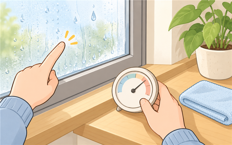 窓の結露と温湿度計を確認する手元のイラスト