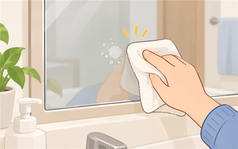 柔らかい布で鏡の白い付着物を確認する手元のイラスト