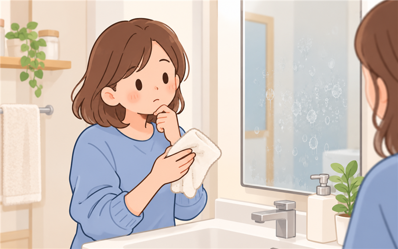 白い跡が残る鏡を慎重に確認する女性のイラスト