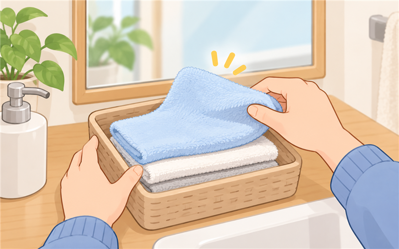 鏡の手入れ前に柔らかい布を選ぶ手元のイラスト