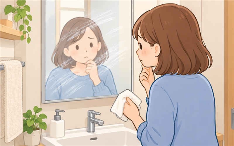白い筋が残る洗面所の鏡と布を持つ女性のイラスト