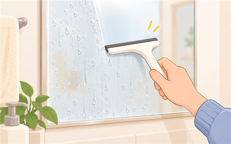 小さなスクイージーで鏡の水滴を落とす手元のイラスト