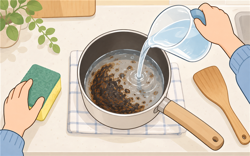 焦げ付いた鍋に水を入れてふやかす手元のイラスト