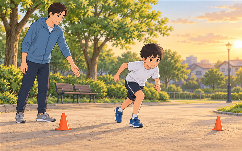 公園で合図を受けて走り出す小学生と保護者のイラスト