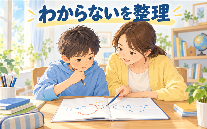 親子でノートを見ながら分からない所を整理するイラスト