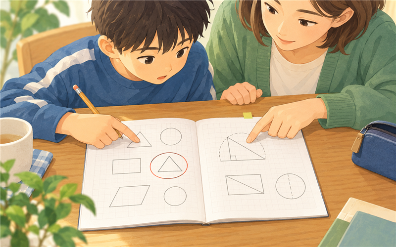 ノートの問題を親子で指さして確認するイラスト