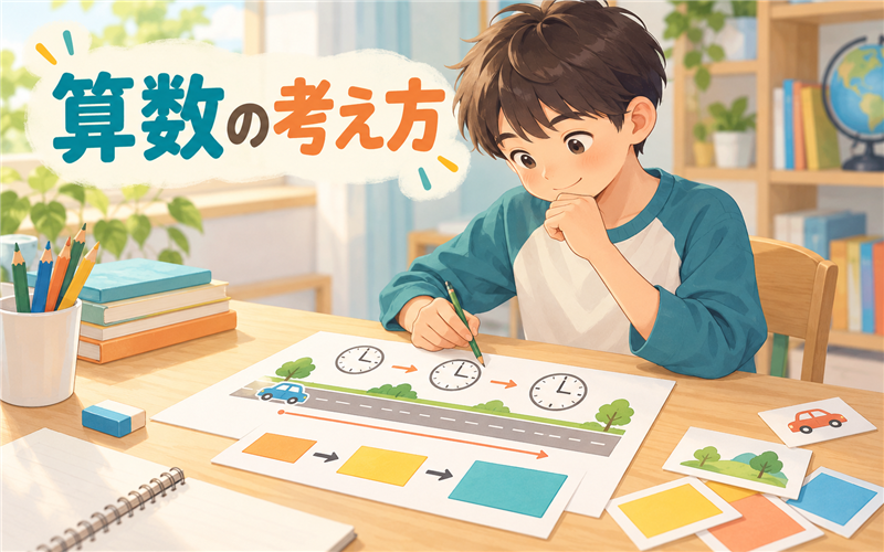 図と時計を使って算数の考え方を整理する子どものイラスト