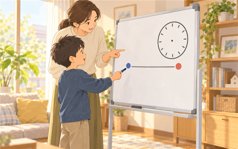 親子で時計と線分図を見ながら速さを考えるイラスト