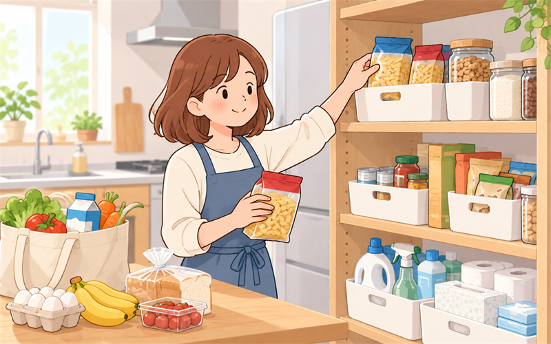 食品と日用品のストック棚を整える女性のイラスト