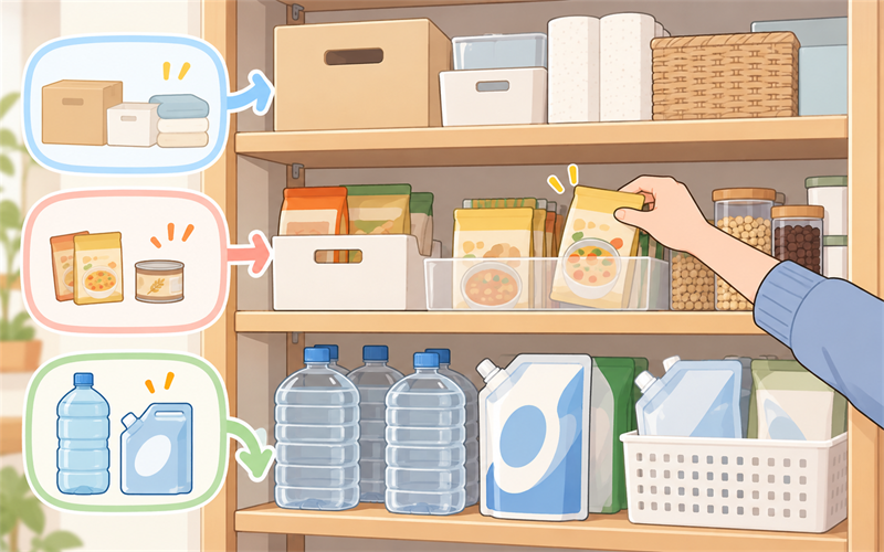 使用頻度と重さでストックを棚に分けたイラスト
