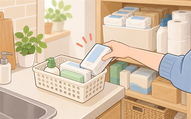 手元用の収納と予備ストックを分けたイラスト
