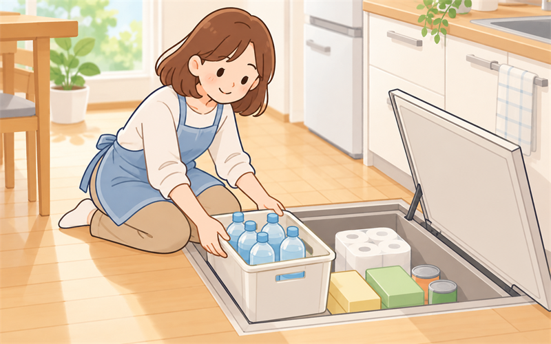 床下収納に飲料と日用品を整理して入れる女性のイラスト