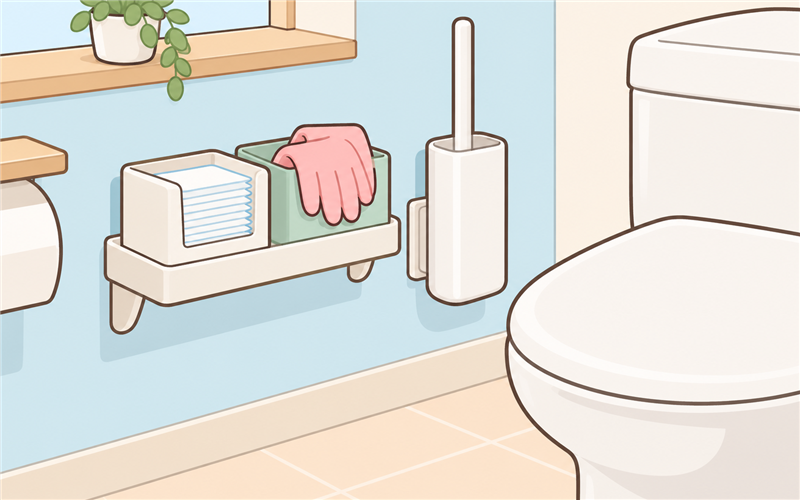 壁面収納に掃除シートと手袋を分けて置いたイラスト