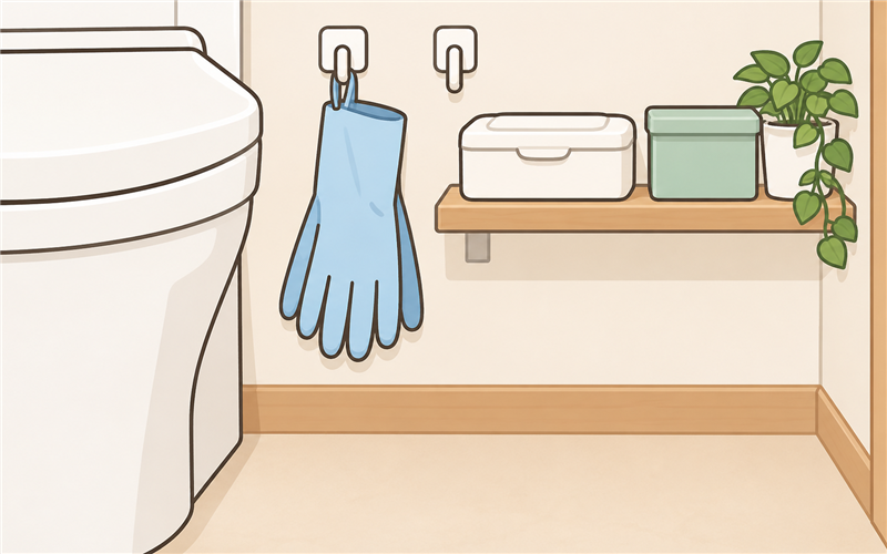 手袋をフックに掛けて掃除シートを棚に置いたイラスト