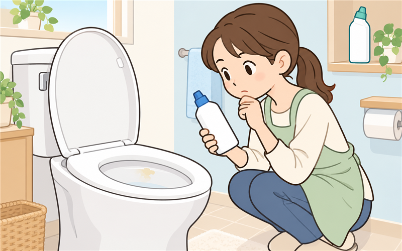 便器の汚れを見ながら洗剤を一つ選ぶ女性のイラスト