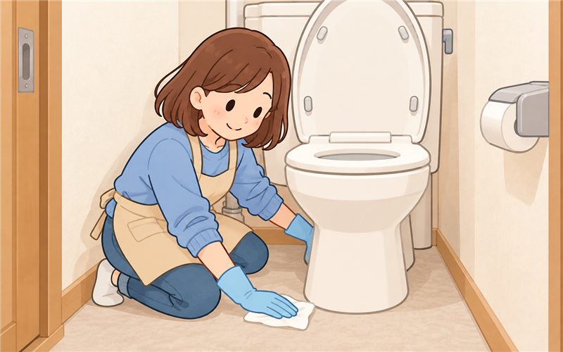 狭いトイレで便座裏と床際を拭く女性のイラスト