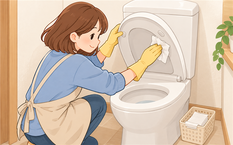 便座裏を週一の手入れとして拭く女性のイラスト
