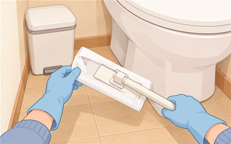手袋を着けて柄付きホルダーに掃除用シートを付ける手元のイラスト