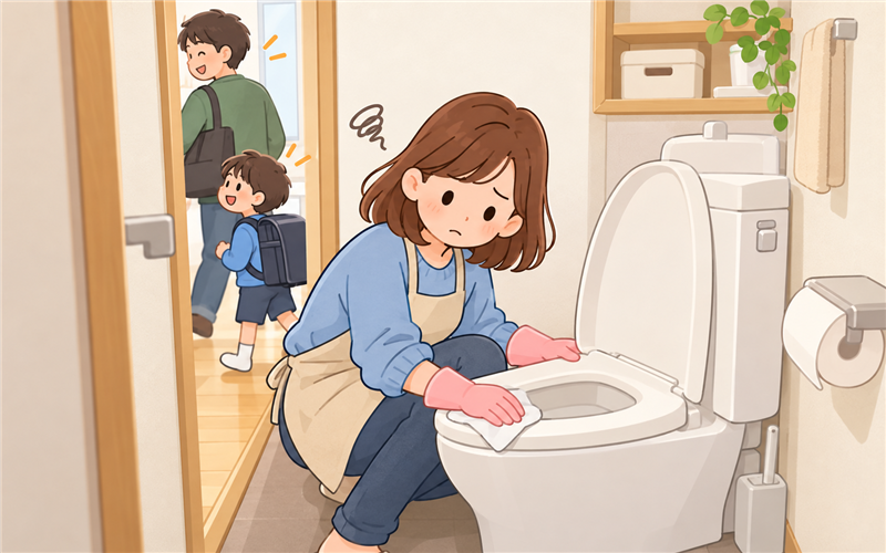 家族が通る中で一人トイレ掃除をする困った女性のイラスト