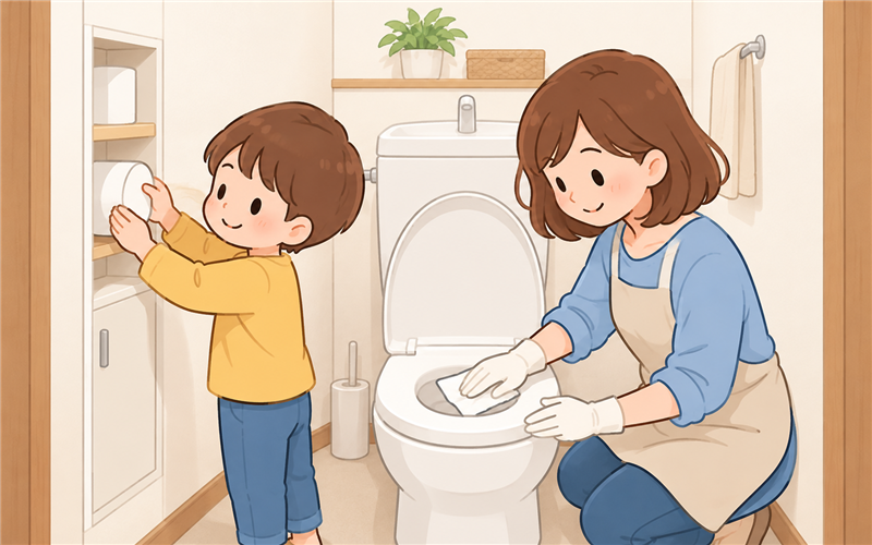子どもが紙を補充し親が便座を拭く狭いトイレのイラスト