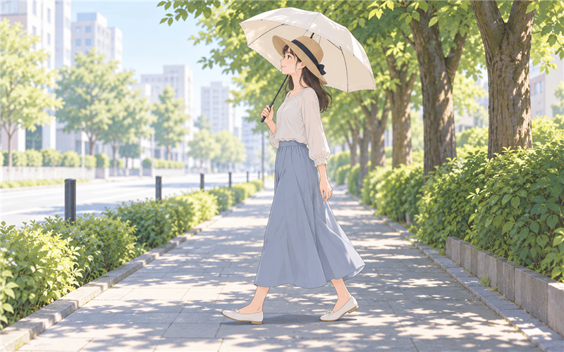 日傘と帽子で日差しを避けて歩く女性のイラスト