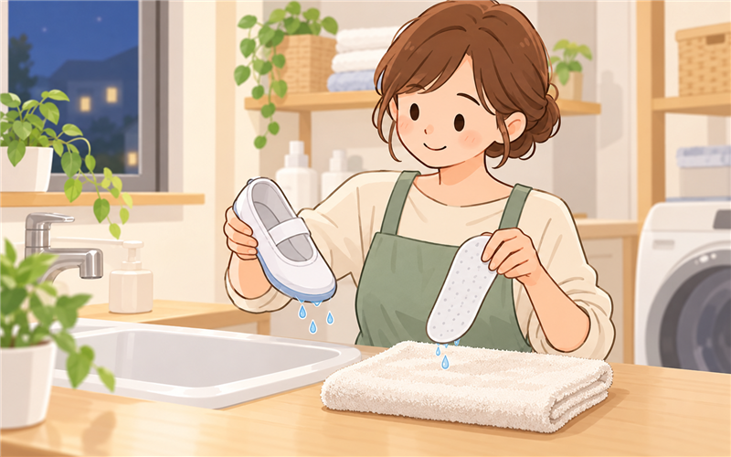 洗った上履きから中敷きを外してタオルを用意する母親のイラスト