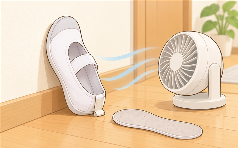 かかとを下にして立てかけた上履きにサーキュレーターの風を当てるイラスト