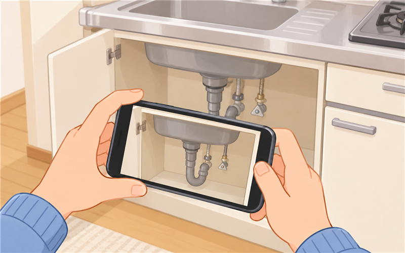 賃貸キッチンの水栓下を写真で確認する手元のイラスト